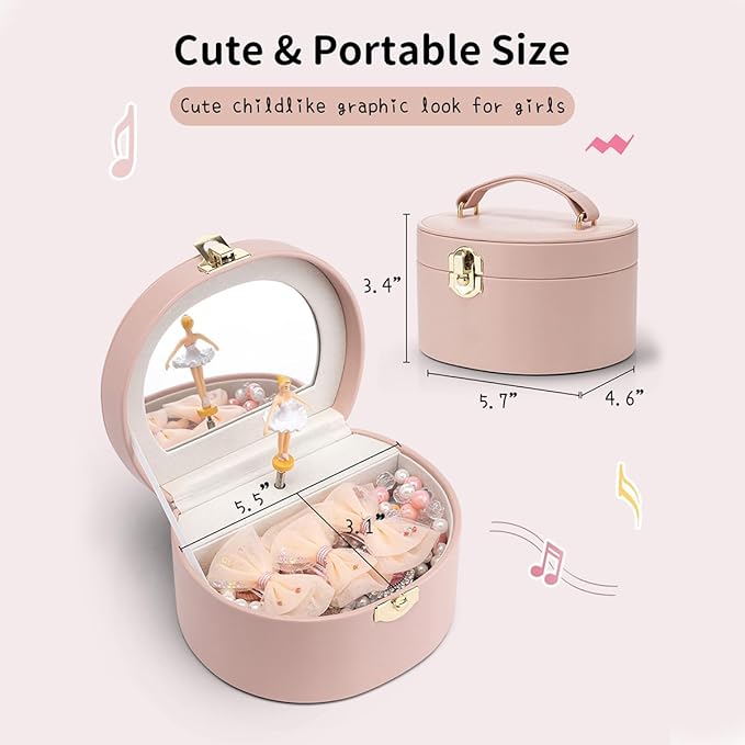 VLANDO Musical Jewelry Box for Girls, Small Kid Music Box with Ballerina for Party Bedroom Decor, Bithday Gift for Girl - Pink