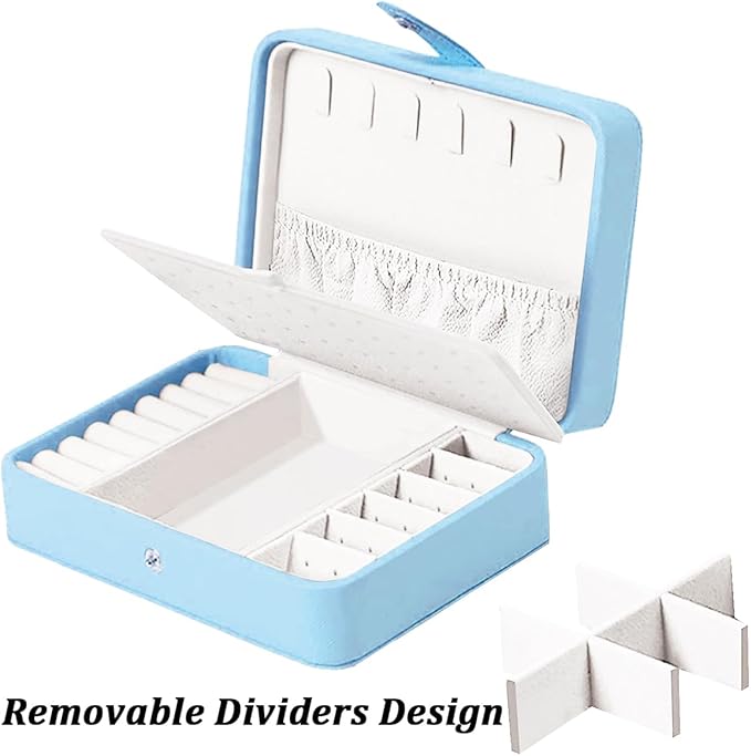 QBestry All-in-One Travel Jewelry Organizer for Women Blue | Small Jewelry Box with 68 Earring Holes | Compact Portable Jewelry Case for Earrings, Rings, Necklaces | Perfect Gifts for Mom Wife Girls