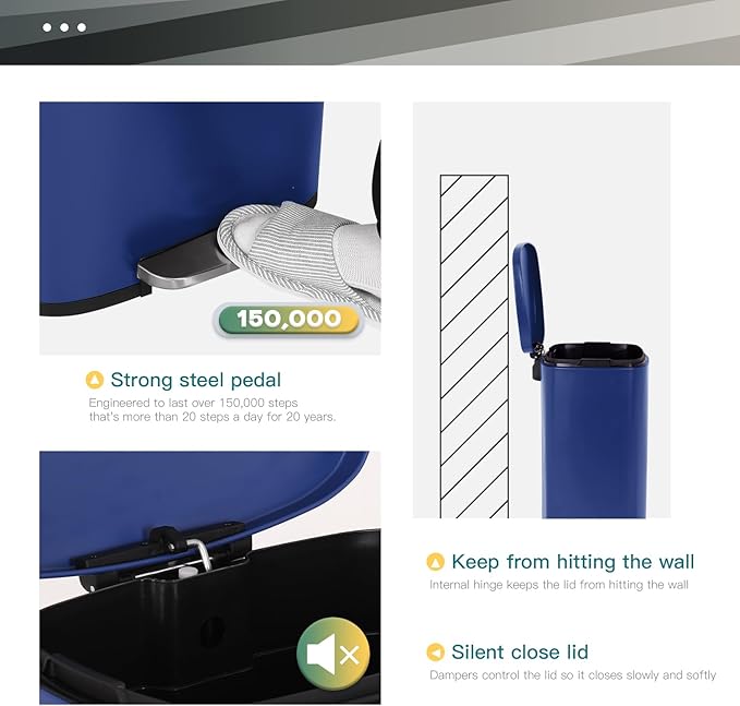 FDW | 13 Gallon Trash Can with Lid | Deep Blue | Fingerprint-Proof | Made of Brushed Stainless Steel | Soft-Close Step Pedal | Hands-Free Use | Easy to Clean | for Kitchen, Office, Bathroom