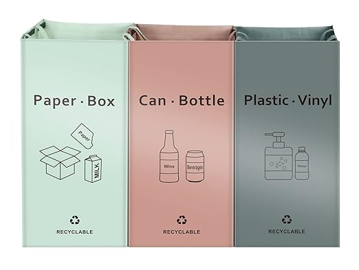JIALAI HOME Separate Recycling Bin for Kitchen Home - Indoor Recycle Bins (Pink, Green, Gray) Waste Trash Sorting Bins, Reusable Waterproof Affordable Recycle Bags, Pack of 3 Bags
