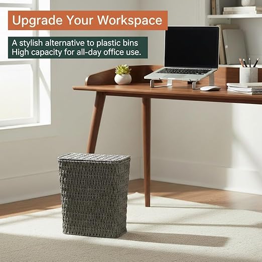 Coeusy 3 Gallon Paper Rope Bathroom Trash Can,Small Wicker Trash Cans with Lid and Liner,Woven Rattan Narrow Waste Basket for Bedroom,Office,Grey