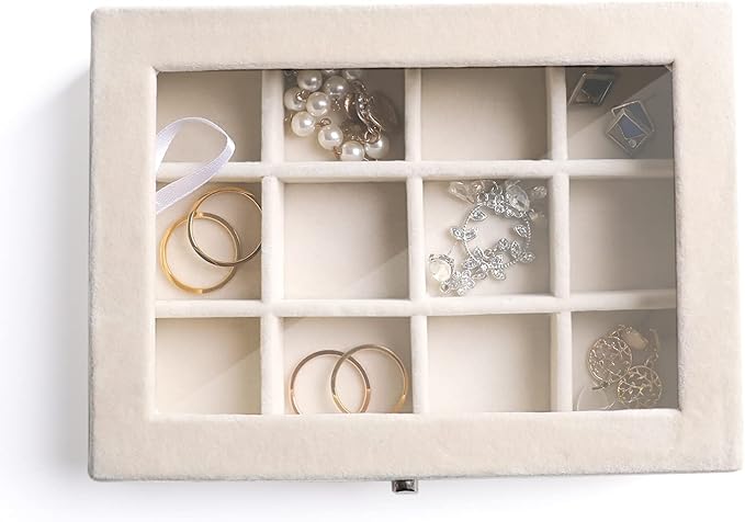 Frebeauty Jewelry Organizer Tray with Clear Lid - 12 Grid Velvet Drawer Insert Storage Box - Transparent Lid Display Case - Gift for Women (Beige, 12 Grid)