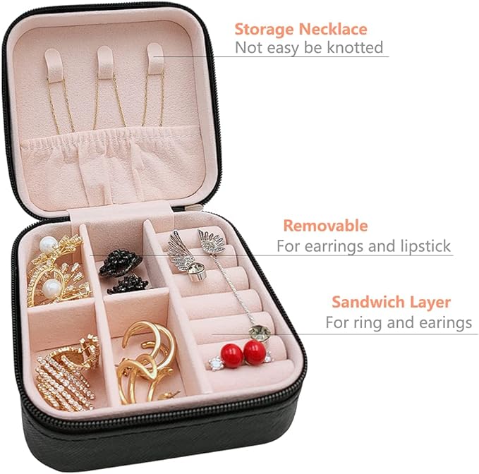 TRODANCE Mini Jewelry Case, Small Travel Jewelry Organizer, Portable Jewelry Box Storage Display Box For Rings, Earrings, Necklaces (Black-4pcs)