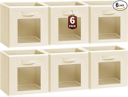 Homsorout Storage Baskets for Organizing - 6 Pack Cube Storge Bins, Foldable Storage Bins with Handle, Closet Organizers and Storage Baskets for Toys, Clothes, Beige