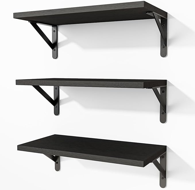 Fixwal Black Shelves for Wall, Wood Wall Mounted Floating Shelves for Bedroom, Bathroom, Living Room, Kitchen Storage and Decor(Black, Set of 3, 16.5 Inch)