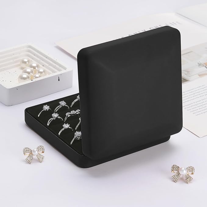 KUKUVR Ring Storage Organizer Box for Multiple Rings, Travel Portable Jewelry Ring Stud Earring Case, Ring Tray Holder Showcase Display Case (Black)