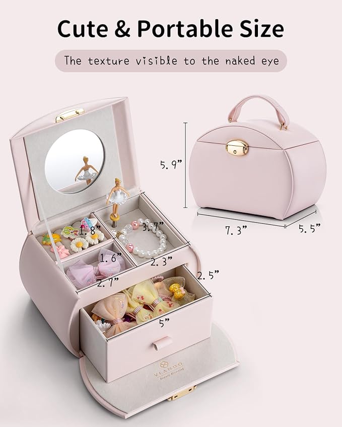 VLANDO Kids Musical Jewelry Box for Girls with Drawer, Music Box with Ballerina and Stickers for Birthday Bedroom Decor, Gifts for Girls Kids Christmas Thanksgiving Gifts 2024 - Light Pink