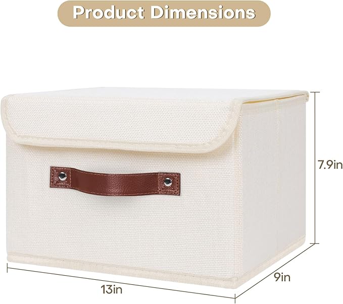 ANMINY 2PCS Storage Bin with Lid Storage Boxes with PU Leather Handles PP Plastic Board Decorative Foldable Lidded Cotton Linen Fabric Home Cubes Baskets Closet Organizer Container - Beige, Medium
