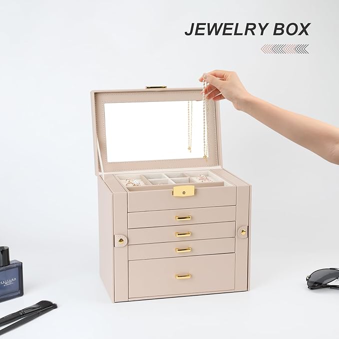 Jewelry Box for Women, 5-Layer Jewelry Organizers Box, Large Jewelry Storage Box for Girls, Jewelry Holder Organizers Gift for Valentine's Day, Christmas (Apricot)