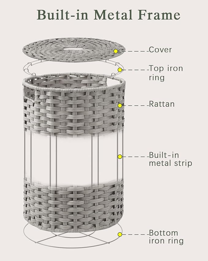 SETVSON Laundry Basket with Lid Round Rattan Laundry Hamper with Lid and Handles 29.1 Gal (110 L) Handwoven Woven Basket with Removable Bags and 2 Mesh Bags for Bathroom Living Room Gray