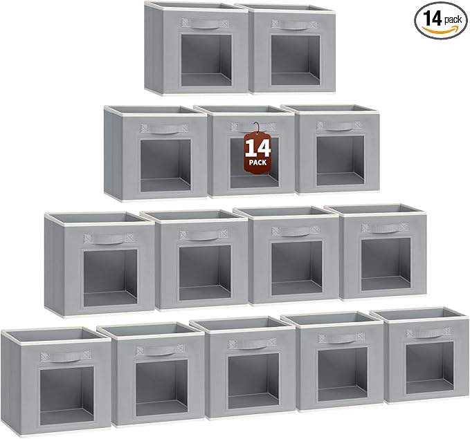 Homsorout Storage Cube 11 Inch - Cube Storage Bins with Window, Closet Storage Baskets with Handle, Fabric Bins for Closet, Shelves, Toys, Clothes, Set of 14, Grey