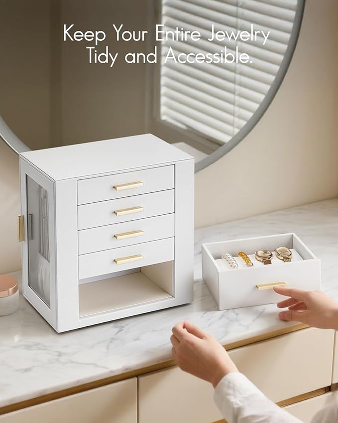VLANDO 360° Rotating Jewelry Box with 5 Drawers, Large Jewelry Storage with 2 Glass Window, PU Leather Jewelry Organizer for Bracelets, Necklaces, Earrings, Rings - White