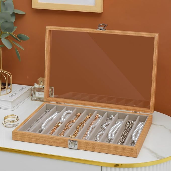 Glass Lid Necklace Organizer Box Transparent Necklace Holder Organizer Velvet Necklace Display Box Clear Lid Jewelry Storage Stackable Necklace Display Case for Women Girls (Style A)
