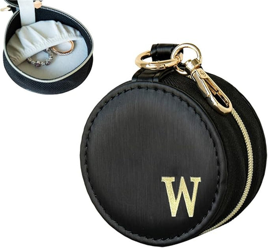COLLECTIVE HOME - Monogrammed Letter Jewelry Case, Portable Travel Ring Holder Box with Keychain, Personalized Initial Organizer for Earrings Necklaces, Gift for Her (Black-w)