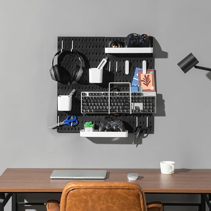 Keepo Peg Board Wall Organizer – Plastic Pegboard Panels, Modular Peg Board Storage System for Home Office, Craft Room, Gaming Setup (Black, 22″×22″)