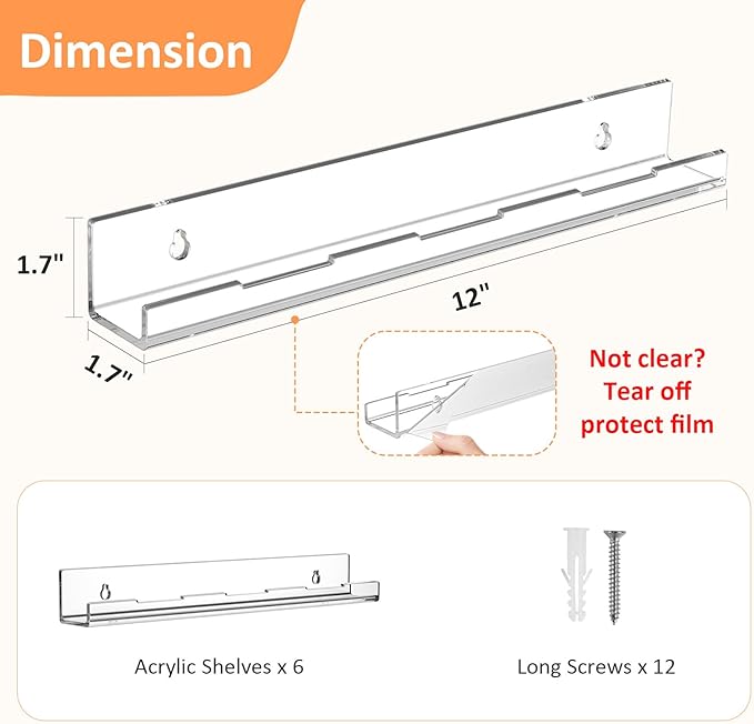 Optish 6 Pack Vinyl Wall Mount Shelf, 12" Vinyl Record Holder, Clear Record Shelf Display and Storage, Acrylic Shelves for Wall, Nursery, Living Room, Bedroom