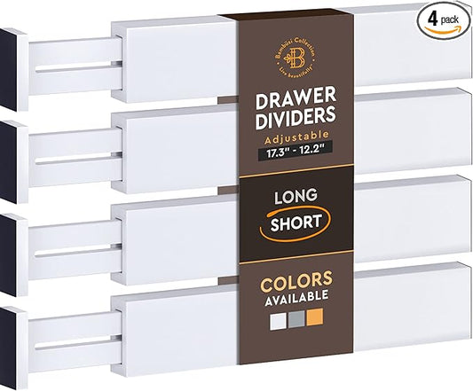 4-Pack Bamboo Drawer Dividers - 12.2 to 17.3 Inches Deep, 2.6 Inches High, Adjustable Expandable Drawer Organizer Dresser Separator for Clothes, Utensils, Kitchen, Bathroom, Office Storage, White