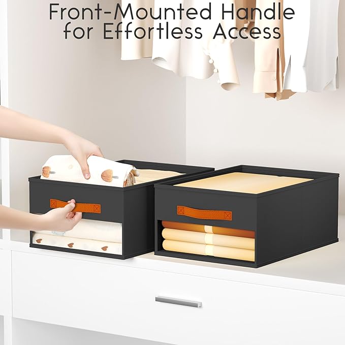 Homsorout Drawer Organizers and Storage - 6 Pack Foldable Pants Organizer with Clear Window & Handles, Fabric Closet Organizer for Clothes, Jeans, Sweaters, Towels, T-shirt, Scarf (Black)