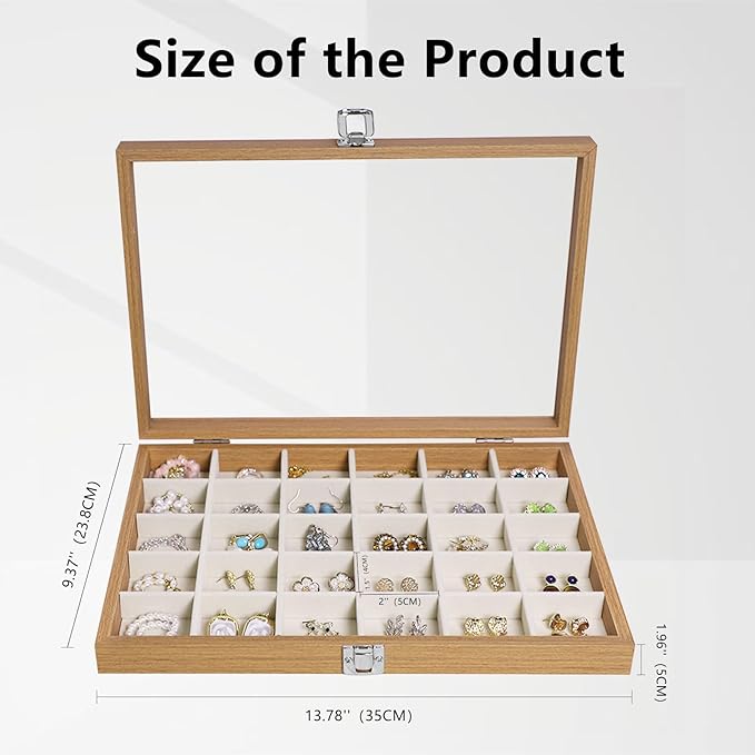 Stratalife Jewelry Organizer Wooden Bracelet Jewelry Box 30 Grid Jewelry Tray with Lid Earring Holder Organizer Necklace Bracelet Bangle Ring Organizer for Women Vintage Jewelry Box