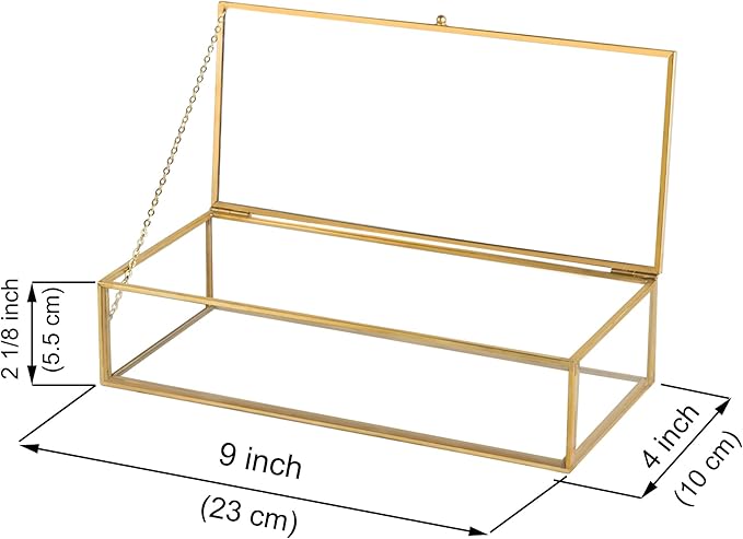 Glass Jewelry Box, Vintage Rectangle Gold Keepsake Box Organizer Box Vanity Lidded Box Home Decor Accent Decorative Box for Storage Trinket Rings Bracelet