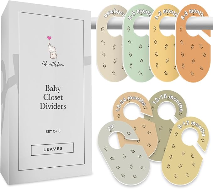 Eli with Love Baby Closet Dividers (Leaves) - Ideal Baby Clothes Dividers – Organize Nursery Closet Hangers by Size/Age