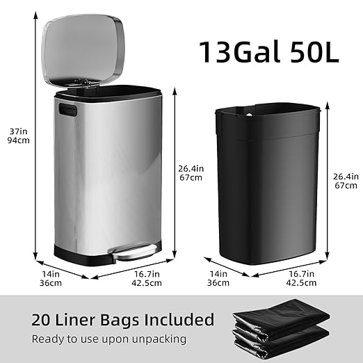 KUK 13 Gallon/50L Stainless Steel Kitchen Trash Can with Lid and Step Pedal-Large Capacity Garbage Bin with Odor Seal, Silent Close Lid, Removable Inner Bucket for Home, Kitchen, Bedroom, Office