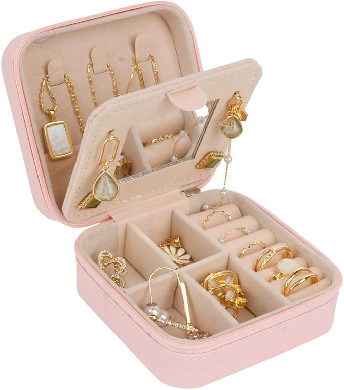 OceeK Travel Jewelry Case Box Organizer with Mirror,Travel Jewelry Box Holder Stocking Stuffers,Pink,1 Pack