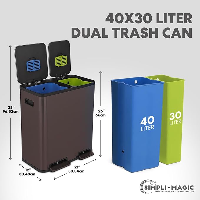 SIMPLI-Magic 18.5 Gallon (70L) Dual Compartment Kitchen Trash Can - Hands-Free Step Pedal, Soft-Close Lid, Stainless Steel Recycling Bin with Odor Filter (40L + 30L)
