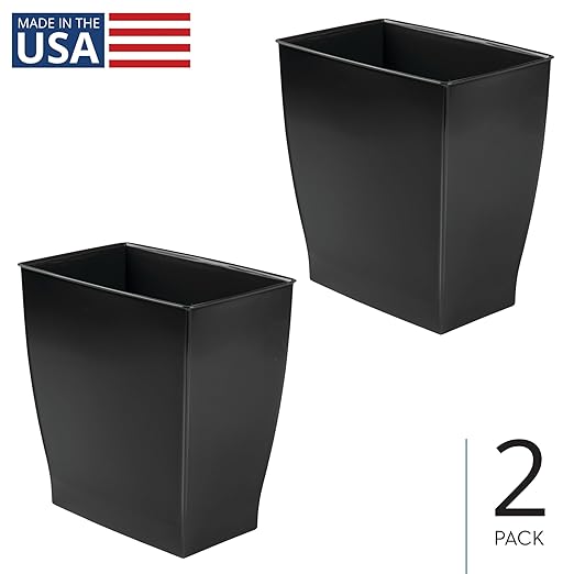 iDesign Small Plastic Bathroom Trash Can, Slim Rectangle Garbage Bin for Bedroom, Office, Dorm, 2-Pack, Black