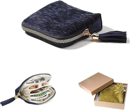 Travel Jewelry Case Organizer for Women - Portable Jewelry Box with 5 Small Pouches, Multi-Compartment Design for Secure Storage, Ideal for Travel, Daily Use (Dark blue)