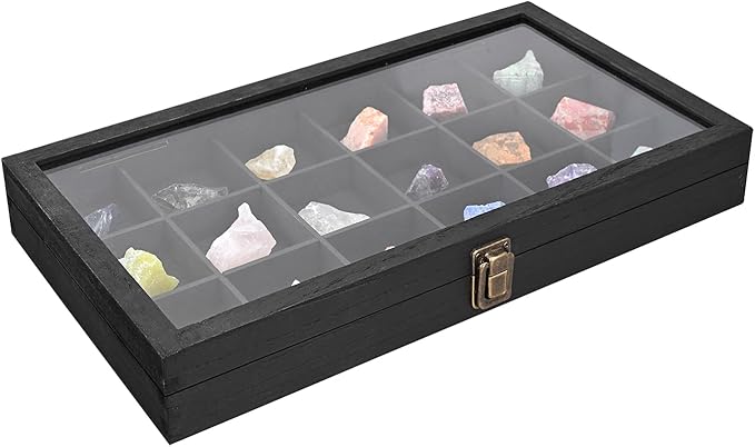 MOOCA Wooden Jewelry Display Case with Tempered Glass Lid & 18 Compartments Tray, Rock Collection Box, Crystal Display Case, Black Color