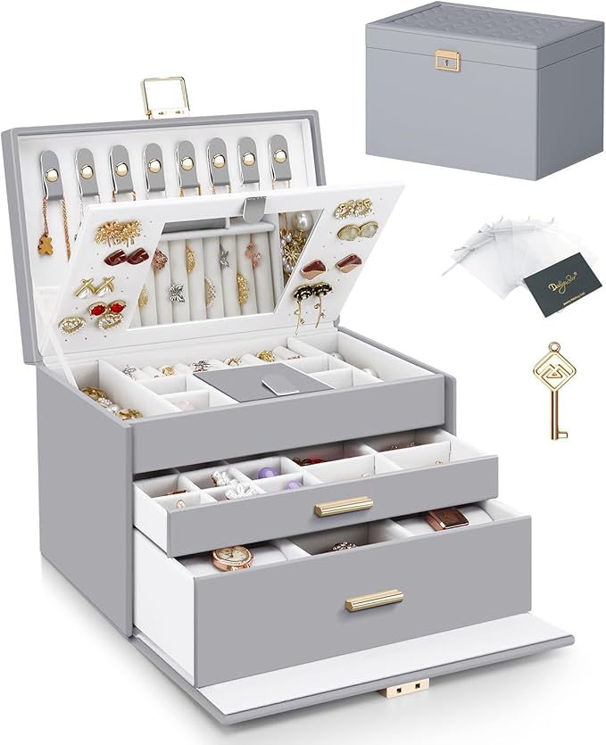 DesignSter Jewelry Box for Women Girl, 3-layer Lockable Jewelry Organizer with Mirror, Large Leather Jewelry Case for Earring Necklace Ring Bracelet Watch