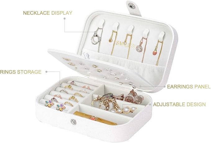 Smileshe Jewelry Box, PU Leather Small Portable Travel Case, 2 Layers Organizer Display Storage Holder Box for Rings, Earrings, Necklaces, Bracelets