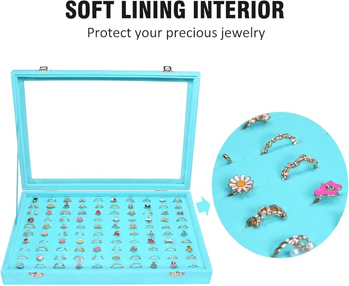 Vicoter Rings Organizer Tray 100 Slot Velvet Ring Earring Storage Box TranSparent Cover Jewelry Store Ring Display Box Jewelry Display Cabinet for Girl Wife Mother