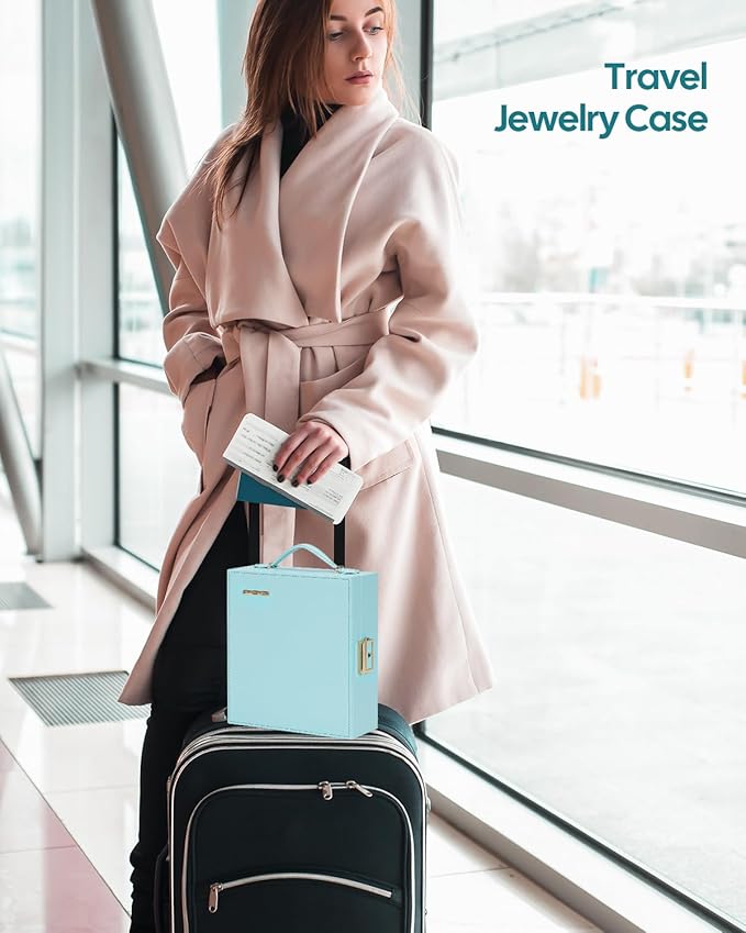 Enthralite Large Travel Jewelry Case: Portable Necklace Box with Mirror - PU Leather & Velvet Lined Jewelry Organizer for Ring Earring Bangle Bracelets Watch - Birthday Gift for Her