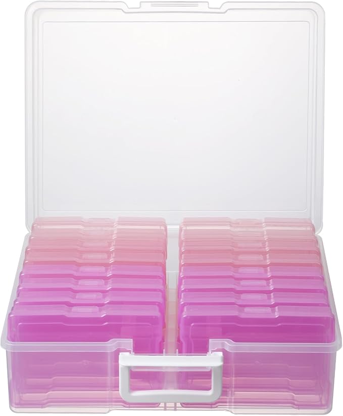 novelinks Transparent 4" x 6" Photo Cases and Clear Craft Keeper with Handle, 16 Inner Photo Organizers & Photo Storage Box, Plastic Photo Storage Containers (Pink Gradient)
