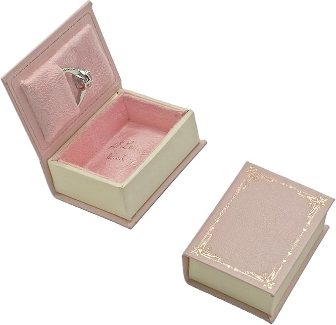 Book Shaped Ring Box - Vintage Engagement Ring Box with Hinged Lid for Proposal Engagement Wedding, Proposal Ring Case -PRB012-Pink