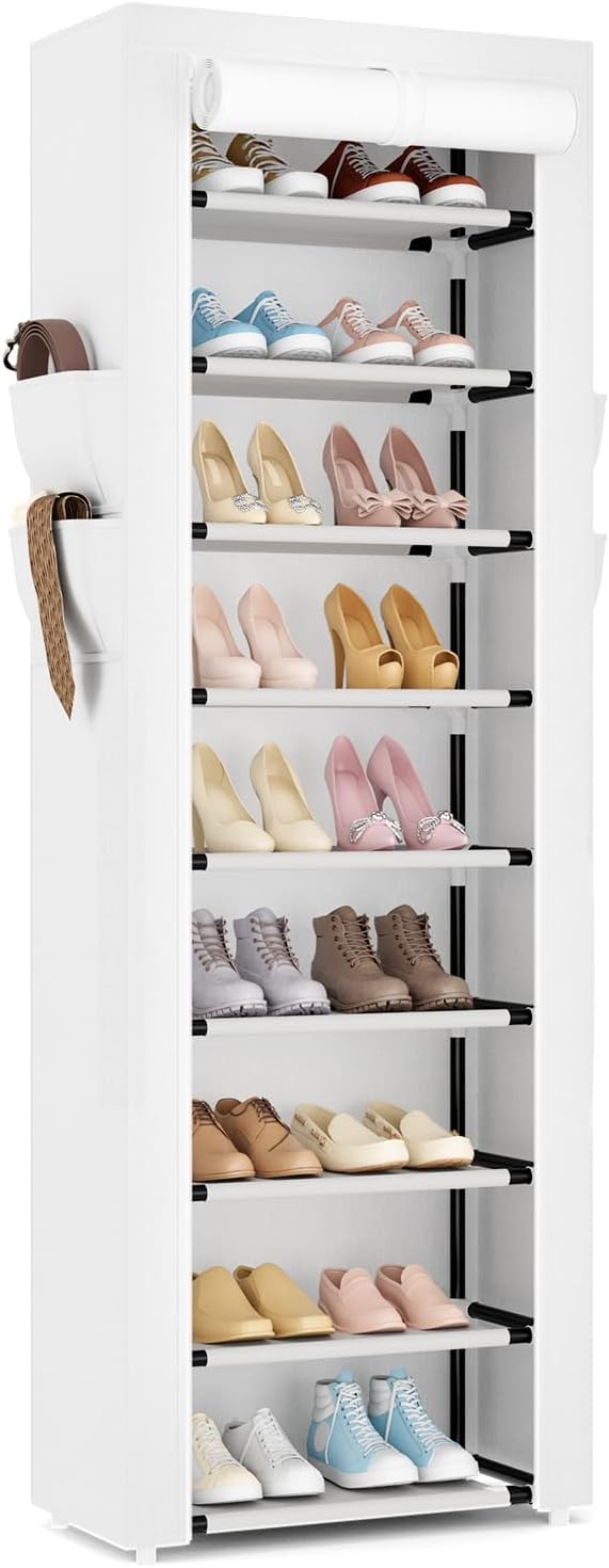 VILICK Shoe Rack with Cover Narrow Shoe Rack Organizer with 4 Side Pockets 10 Tier Tall Shoe Storage Shoe Shelf Holds 18-22 Pairs Shoes and Boots Shoe Rack for Closet, White