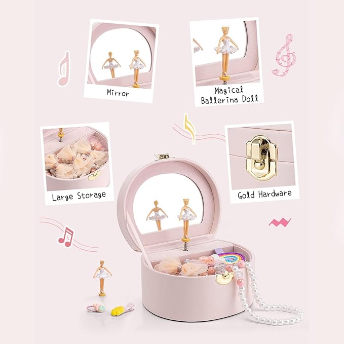 VLANDO Musical Jewelry Box for Girls, Small Kid Music Box with Ballerina for Party Bedroom Decor, Bithday Gift for Girl - Light Pink