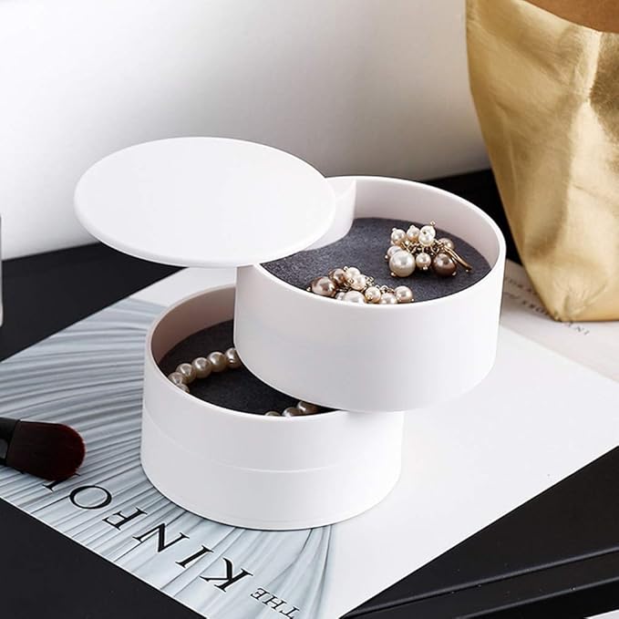 TIMESETL Jewelry Organizer, Small Jewelry Storage Box Earring Holder for Women, 4-Layer Rotating Travel Jewelry Tray Case with Lid for Bracelets Rings Bracelets - White