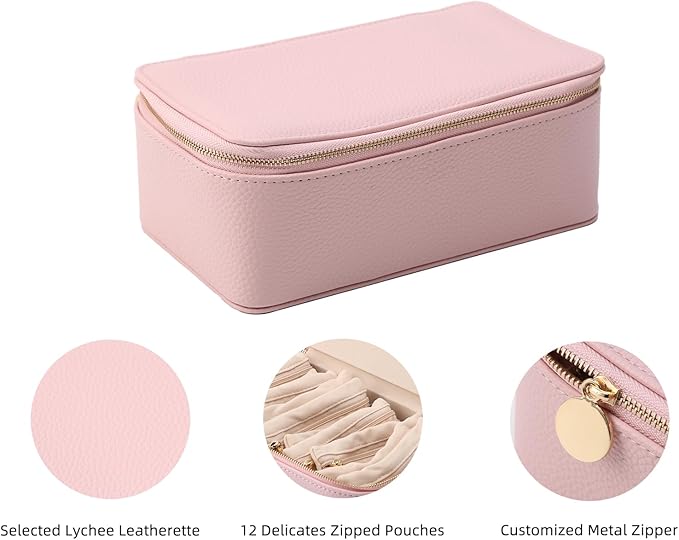 NCONCO Travel Jewelry Box, Portable PU Leather Travel Jewelry Organizer with 12pcs Velvet Bags Compact & Lightweight Travel Jewelry Case for Necklaces Rings Earrings Sorting Storage
