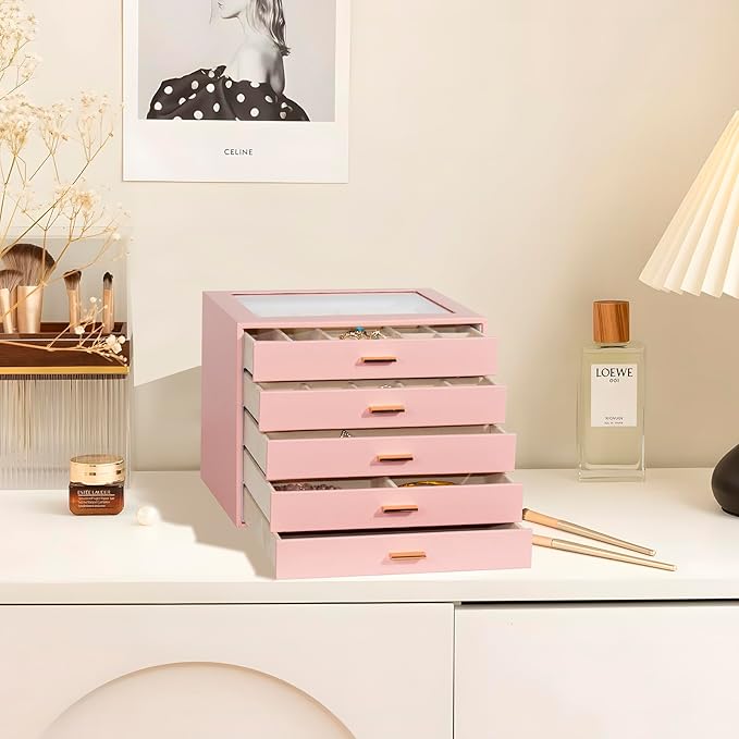 Jewelry Box with Glass Lid, 5-Layer Jewelry Organizer for Women Girls, PU Leather Display Case with 20-Grid Earring Tray & Movable Dividers for Necklaces Rings,Pink