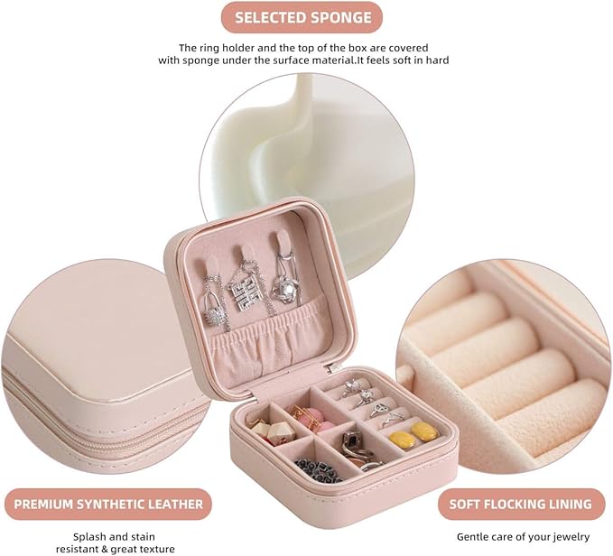 Mini Jewelry Travel Case,Small Travel Jewelry Organizer,Travel Portable Jewelry Case for Ring, Pendant, Earring, Necklace, Bracelet Organizer Storage Holder Boxes (Pink)