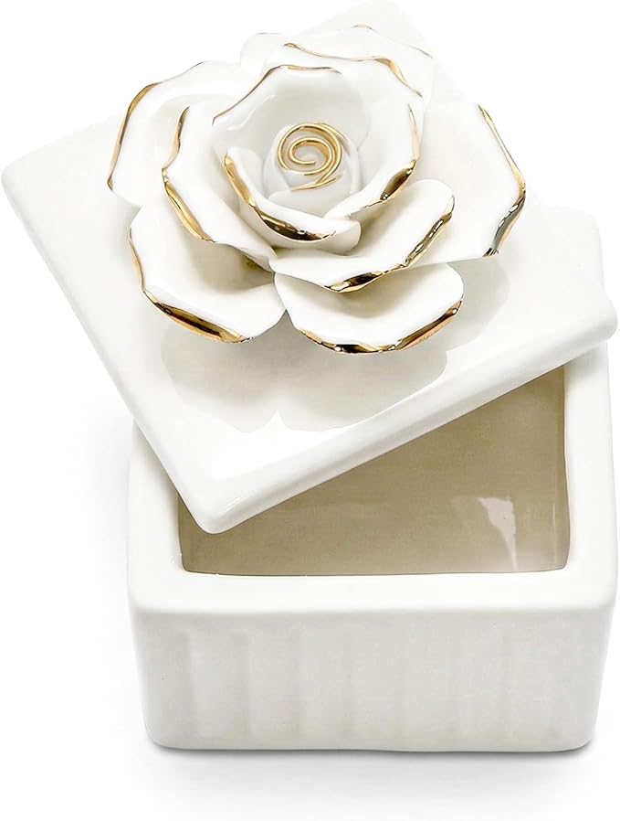 ZOOFOX 3 Pack Vintage Jewelry Box, Small Elegant Embossed Jewelry Holder with Lid and Rose-Shaped Knob, Ceramic Trinket Organizer for Women, Ring, Earrings, Necklace