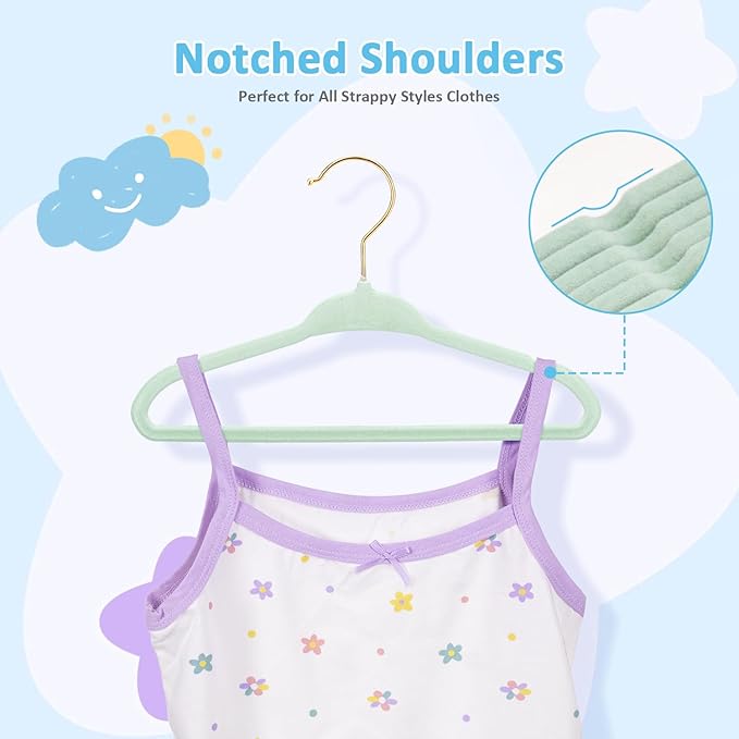 Tonswachic Baby Hangers 11 Inch, 50 Pack Velvet Baby Clothes Hangers Non-Slip Ultra-Slim Children Hangers with 10 Clips for Infant Toddler Newborn, Space-Saving Closet Organization - Green