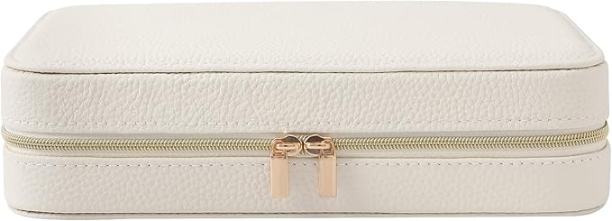 Genuine Leather Travel Jewelry Organizer Case Box with Mirror for Women, Small Mini Portable Jewelry Box for Ring Earrings Necklace Bracelet Luxury Gift for Women（White）