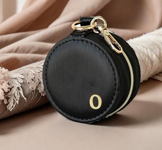 COLLECTIVE HOME - Monogrammed Letter Jewelry Case, Portable Travel Ring Holder Box with Keychain, Personalized Initial Organizer for Earrings Necklaces, Gift for Her (Black-o)