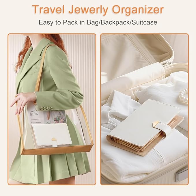 Travel Jewelry Organizer - Waterproof Leather Portable Jewelry Case for Women with Transparent PVC & Suede Lining, Compact Jewelry Storage for Earrings Necklaces Rings