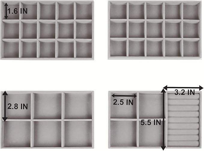 Set of 4 Stackable Jewelry Trays Organizer, Velvet Earring Organizer, Jewelry Organizer Showcase Display Drawer Organizer Storage, Earring Holder Necklace Bracelet Ring Accessary Organizers (Gray)