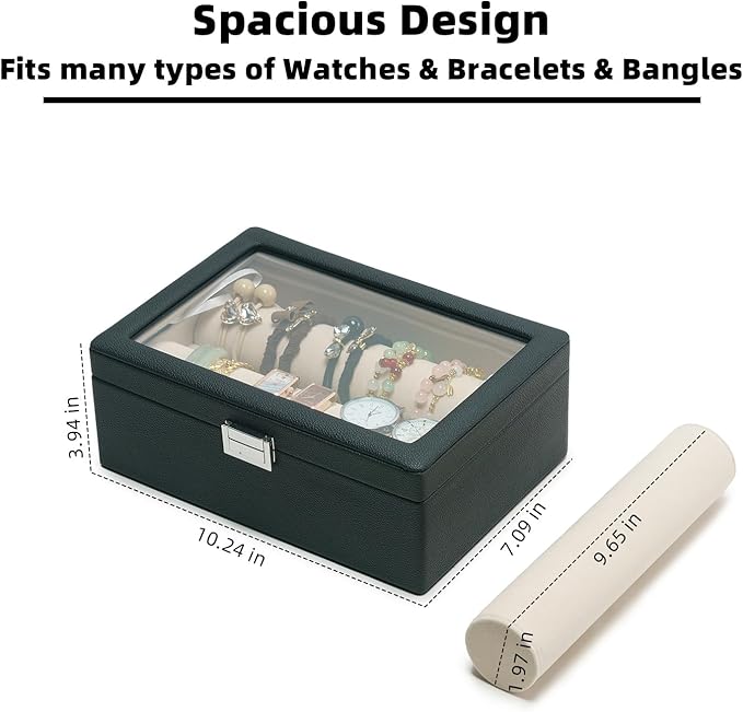 Bracelets Organizer Rods Bangles Display Holder, Clear See through Lid Leather Velvet Jewelry Storage Box Case for Women, 2 Rods Black Leather